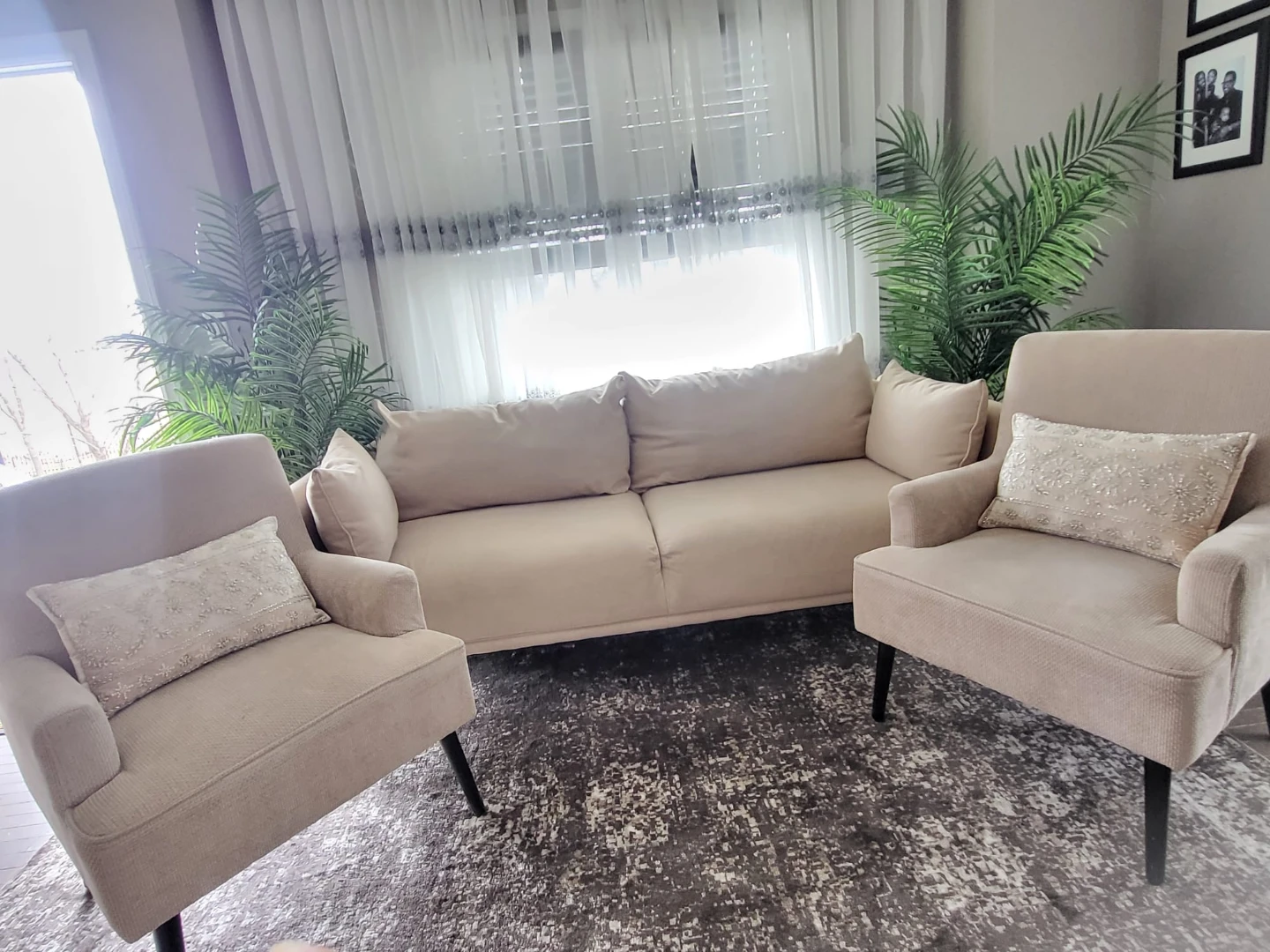 Pair of Beige Accent Chairs and Matching Sofa
