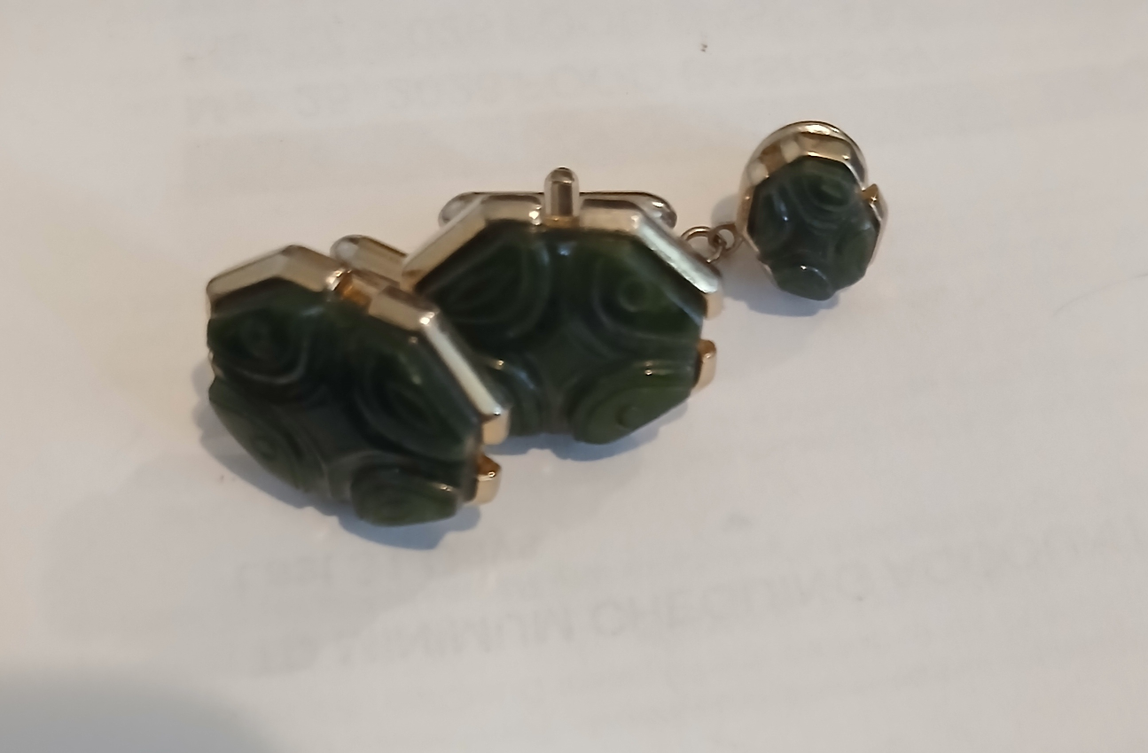 Carved Green Jade Cufflinks and Stud Set