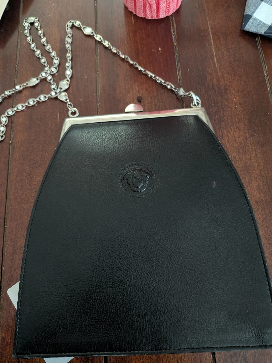 Gianni Versace Black Leather Evening Bag with Silver Chain