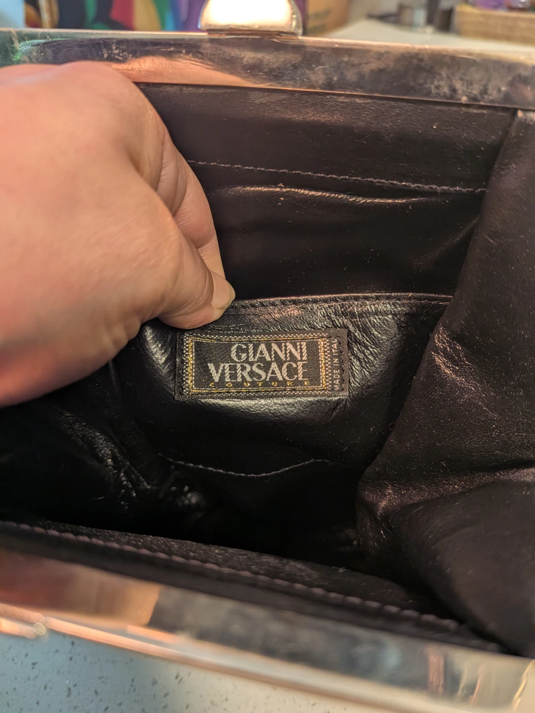 Gianni Versace Black Leather Evening Bag with Silver Chain - photo 2