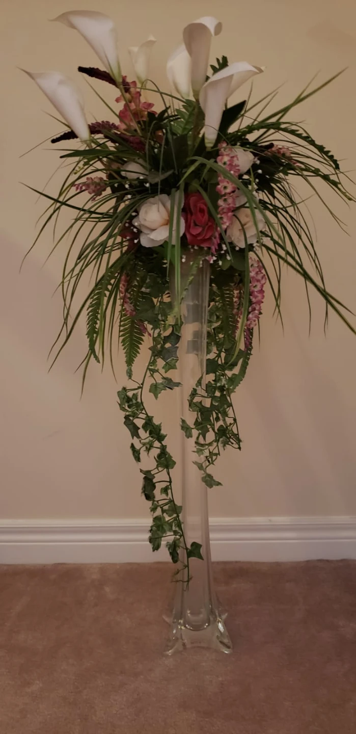 Tall Glass Vase with Artificial Floral Arrangement