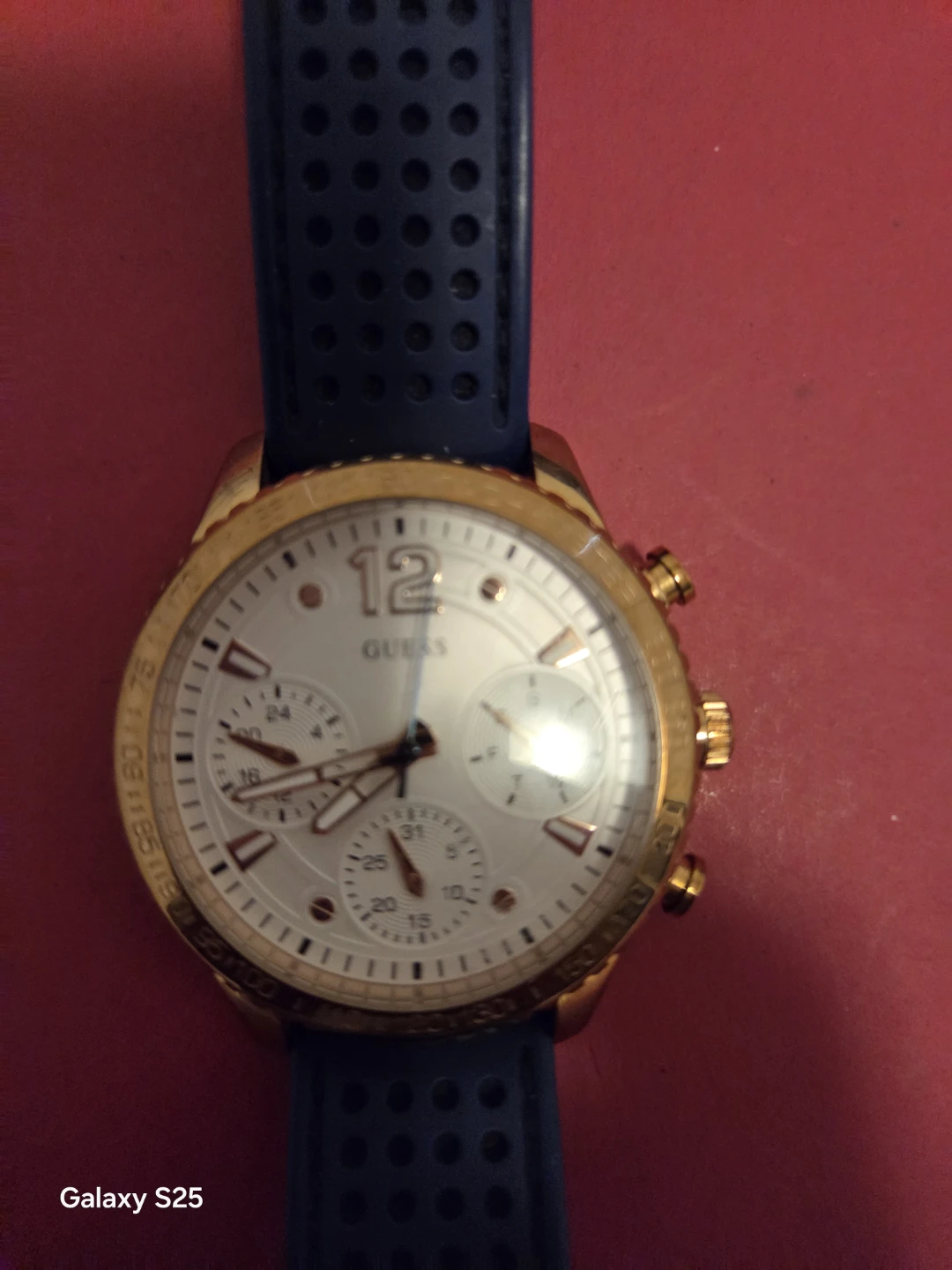 Guess Chronograph Watch - Gold Tone Case with Blue Rubber Strap