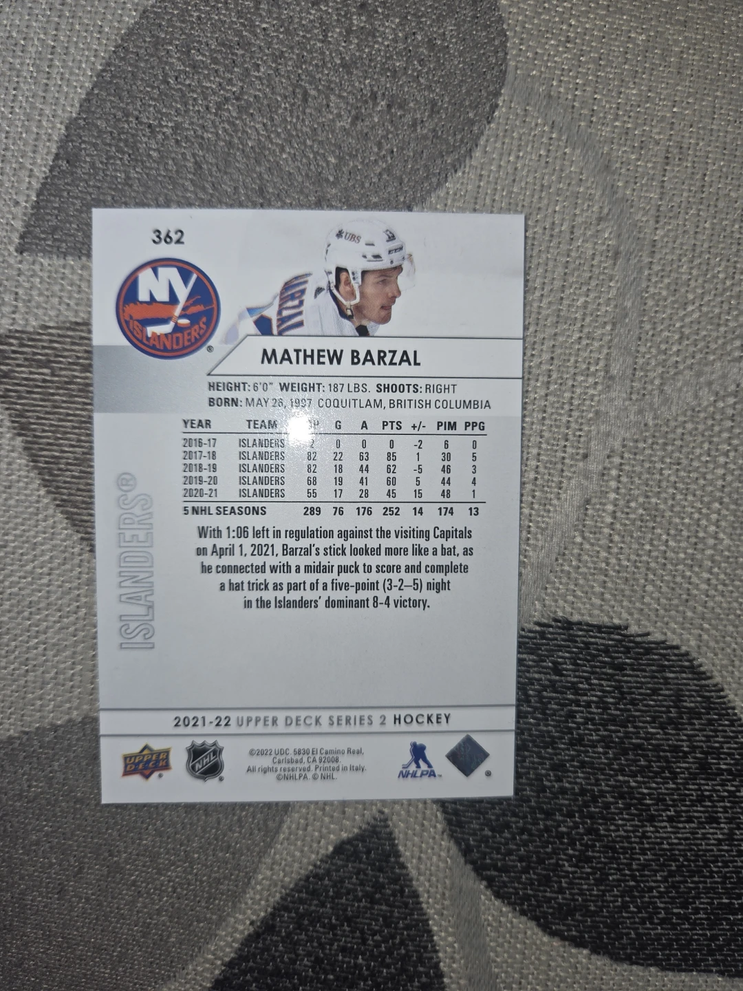 Mathew Barzal 2021-22 Upper Deck Series 2 Hockey Card