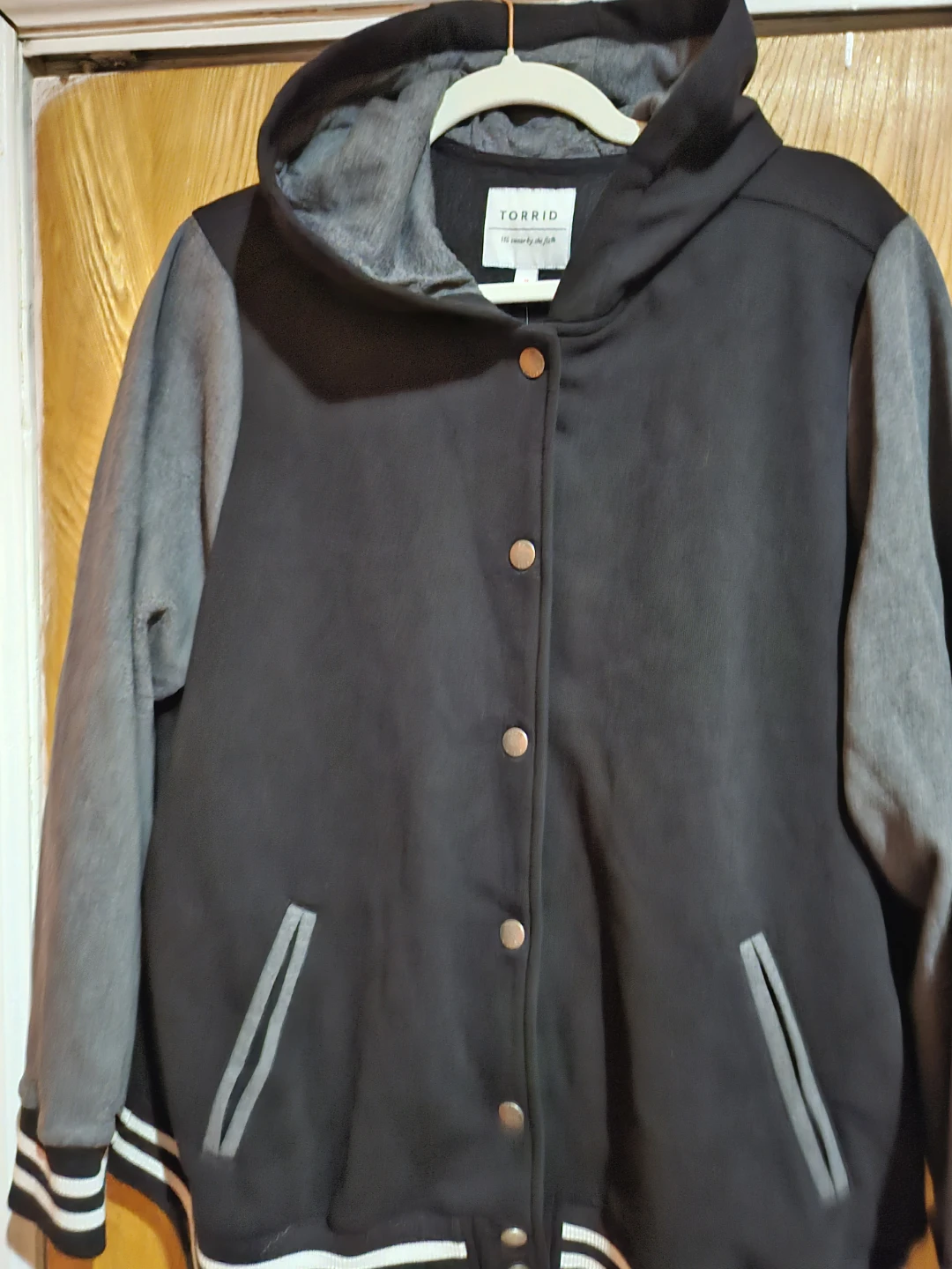 Torrid Black & Grey Varsity Hooded Jacket Size 3