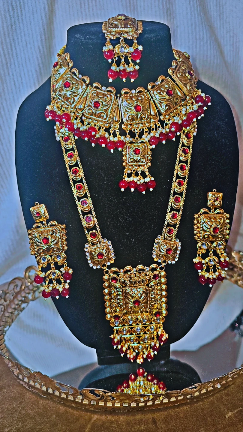 Classic ,Gold-tone necklace set with Maroon  stones - photo 2