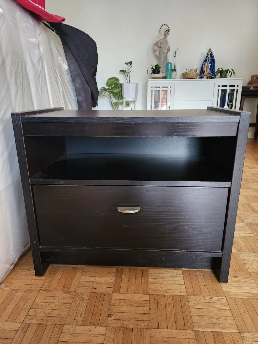 Black Nightstand with Drawer and Shelf