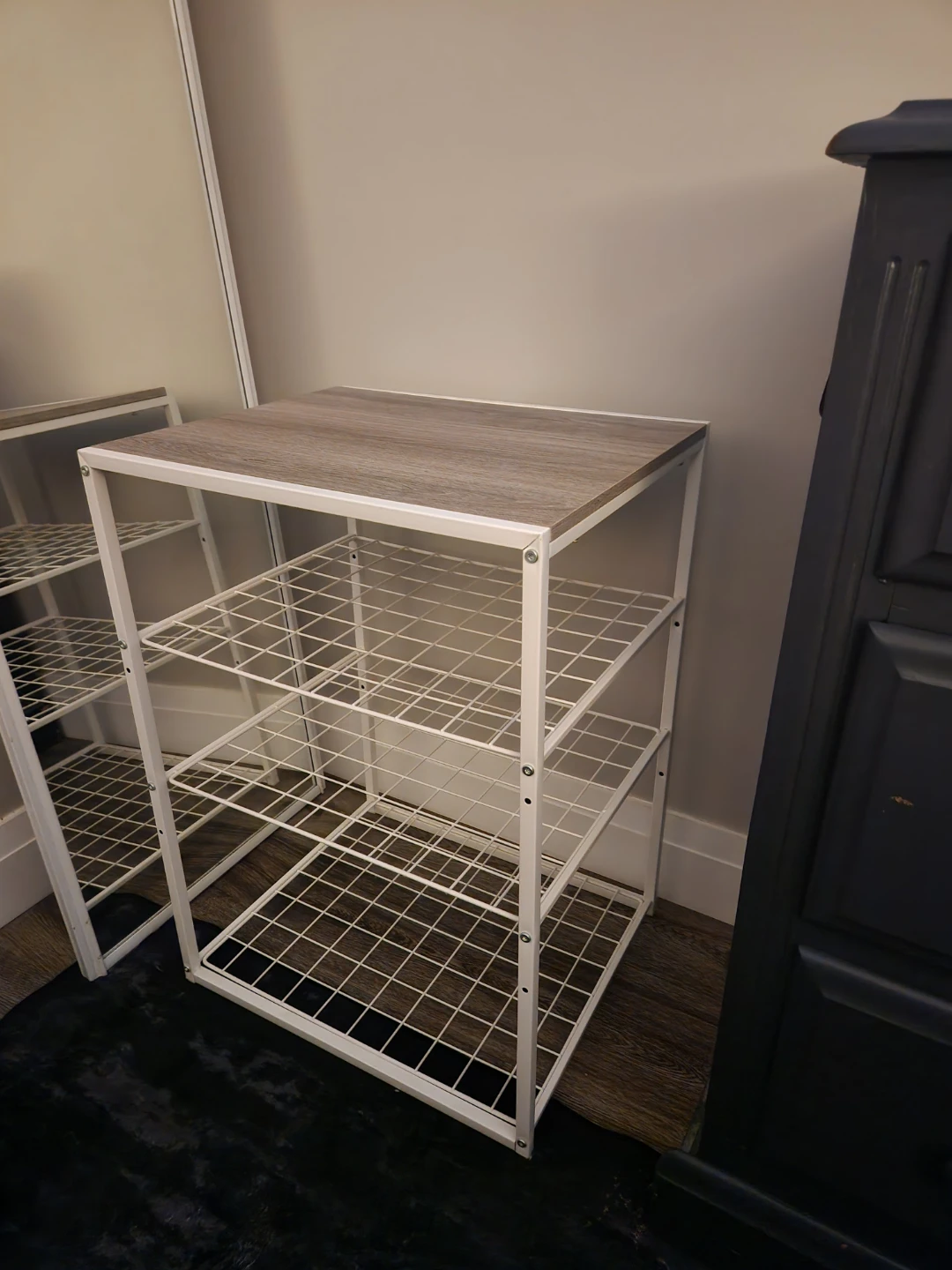 Wire shelving unit with wood top