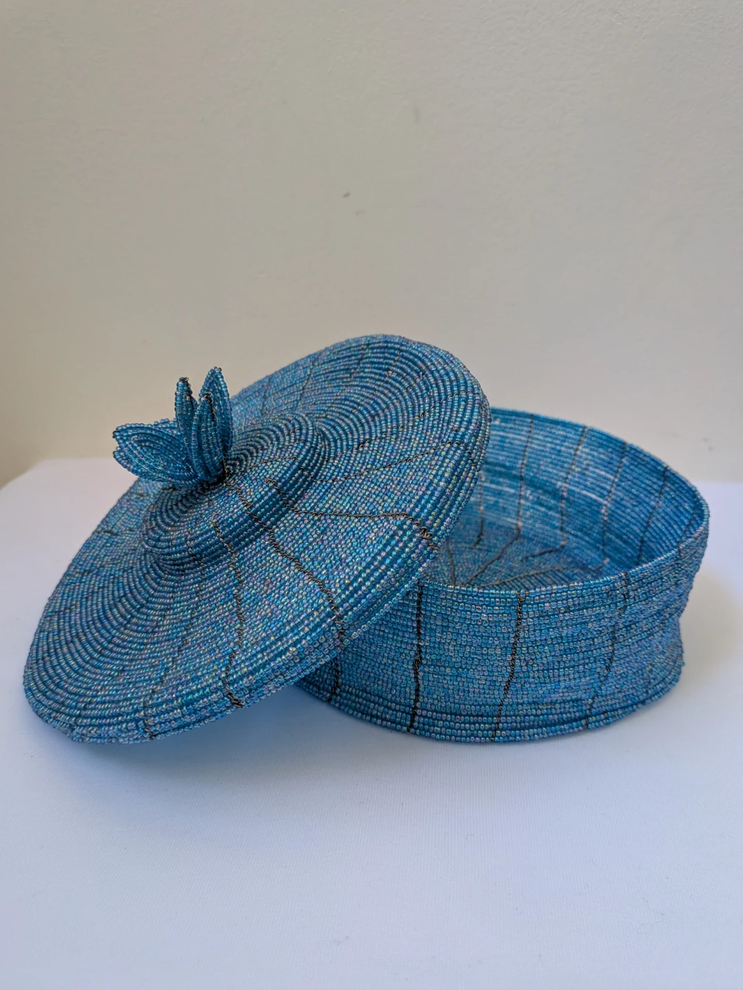 Blue Beaded Trinket Box with Lid