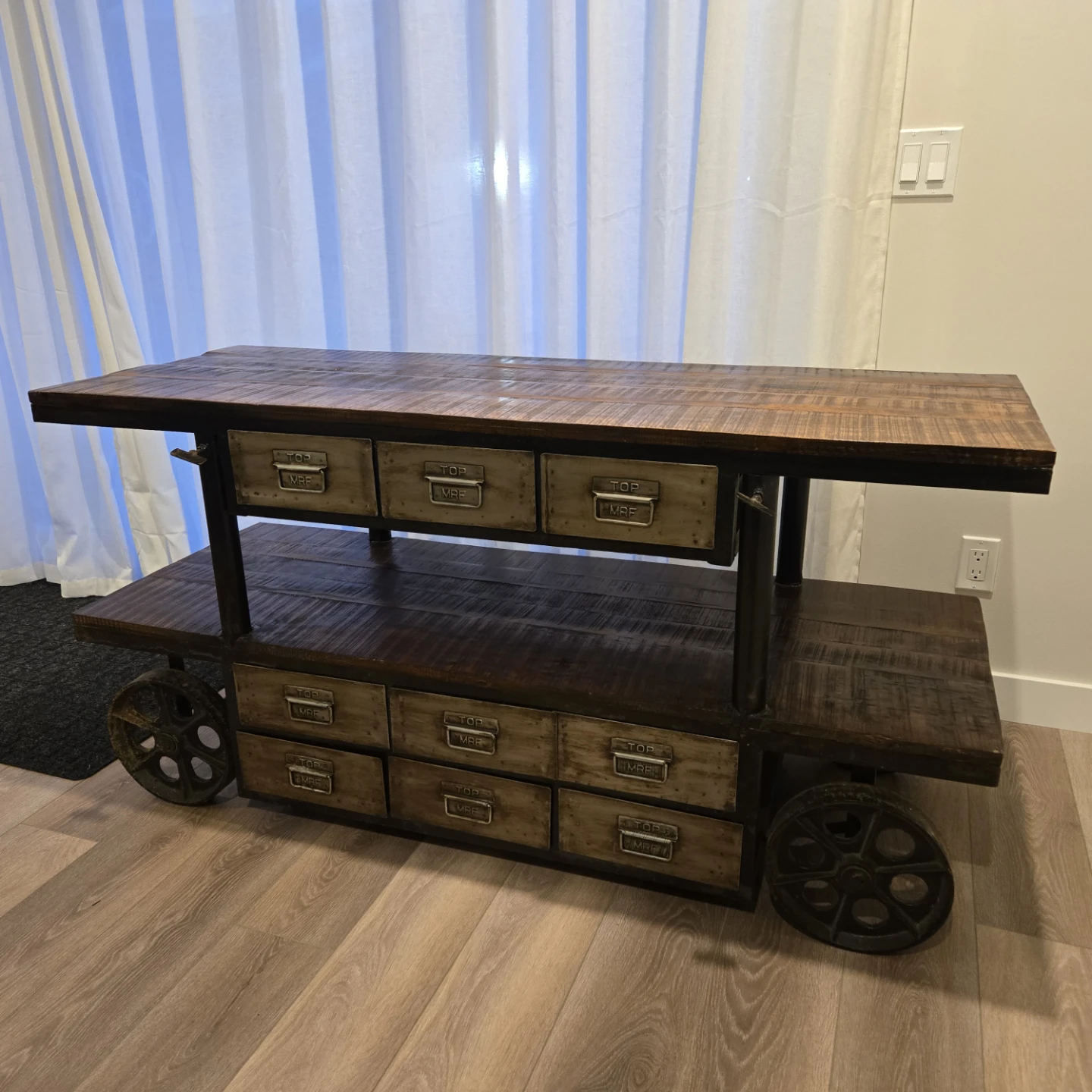 Industrial Cart Style Console Table with Drawers