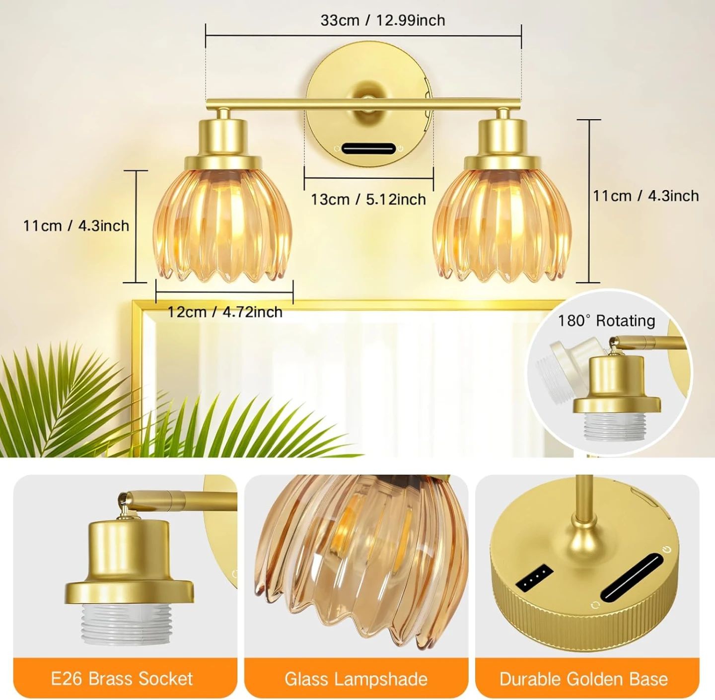 Gold Double Vanity Light Fixture with Amber Glass Shades - photo 4