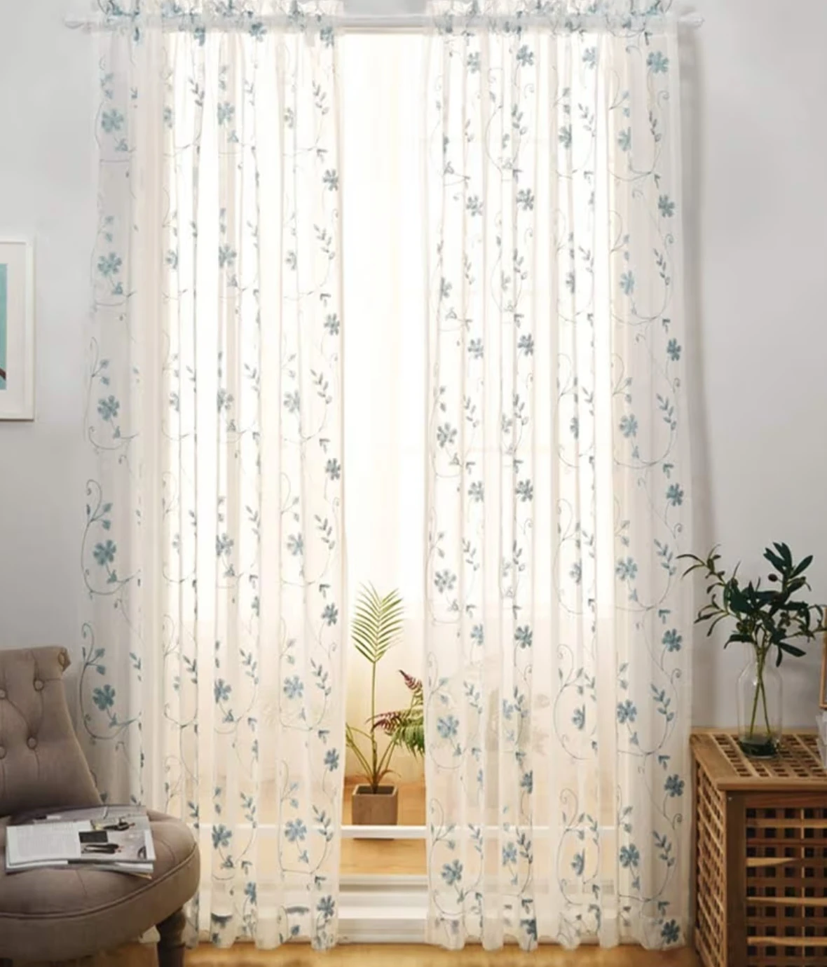 White Embroidered Sheer Curtains with Blue Floral Design