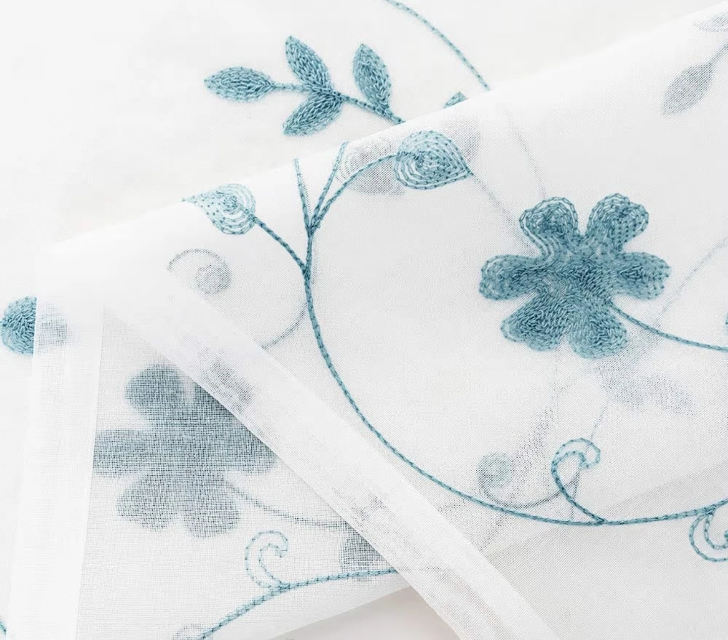 White Embroidered Sheer Curtains with Blue Floral Design - photo 2