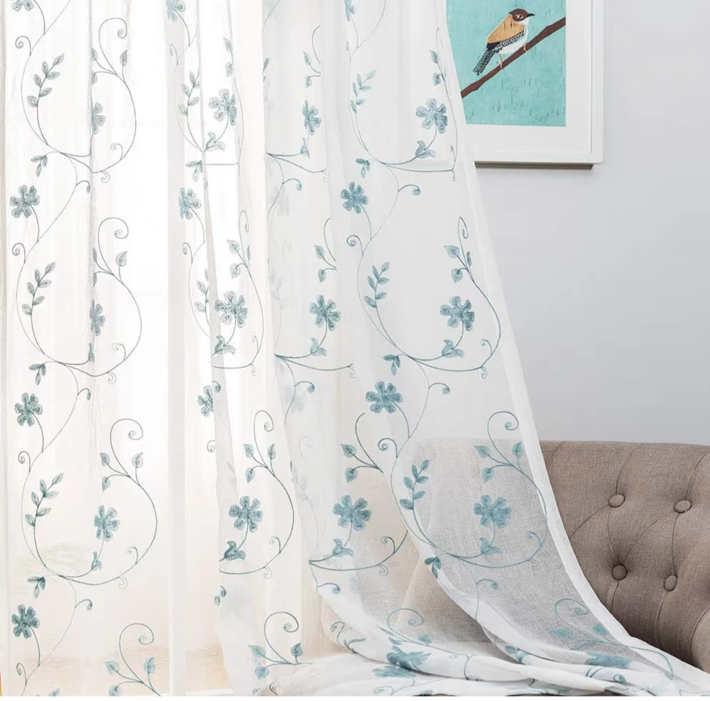 White Embroidered Sheer Curtains with Blue Floral Design - photo 3