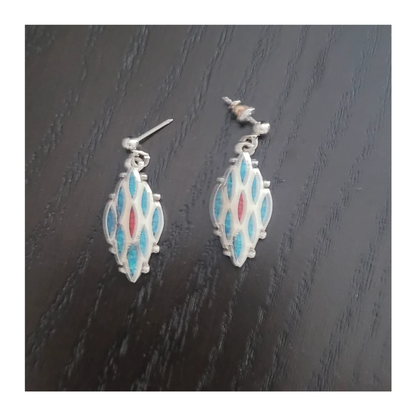 Vintage Dangle Earrings with Turquoise and Red Inlay