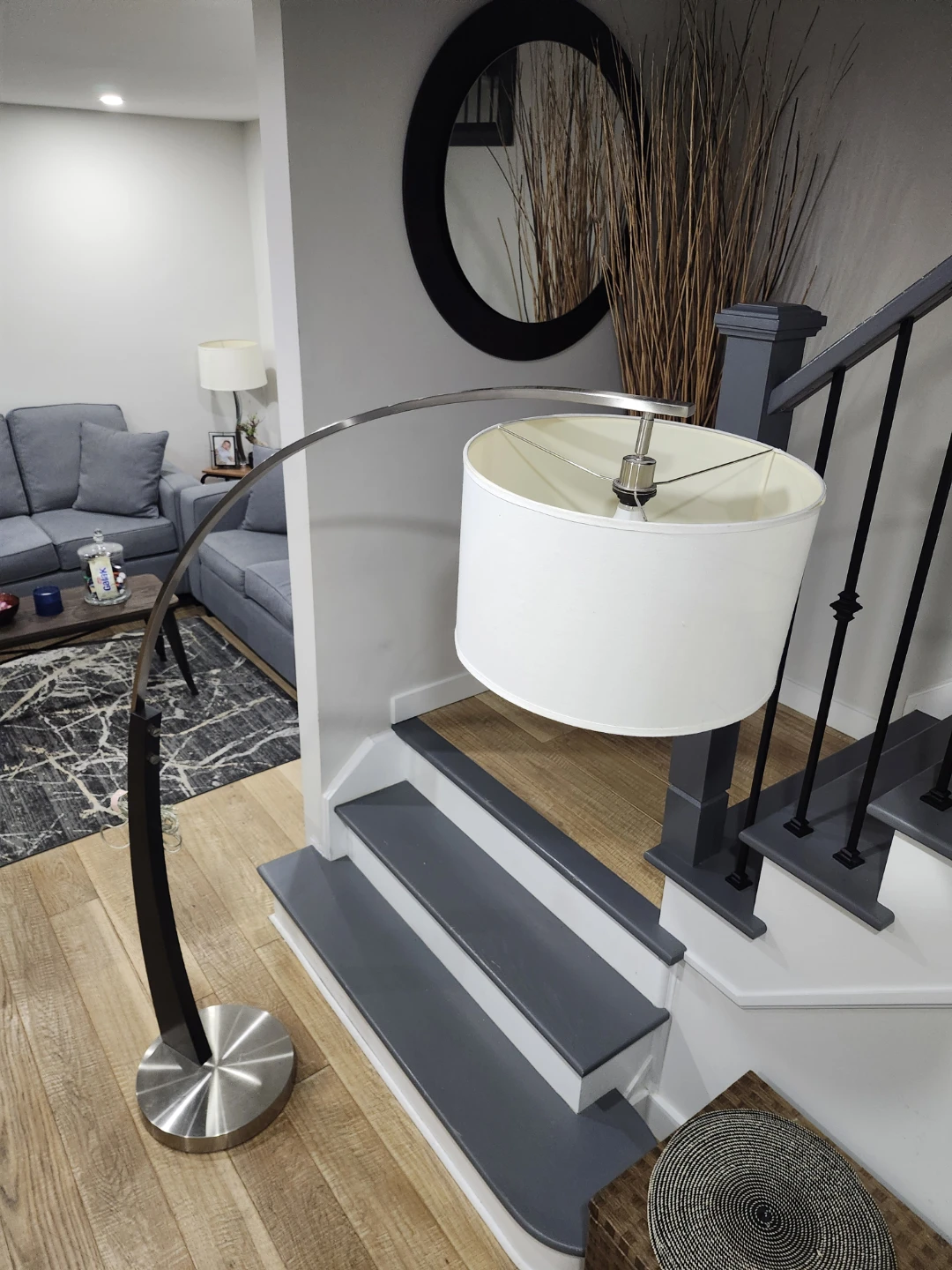 Arc Floor Lamp with White Drum Shade