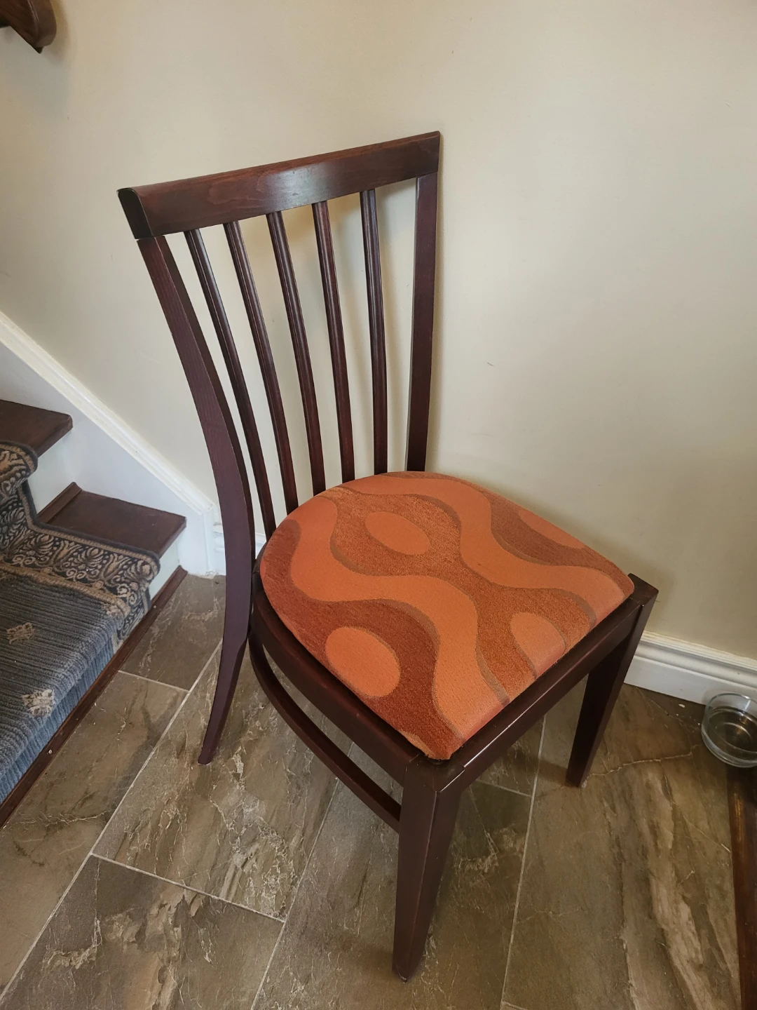 Wooden Dining Chair with Orange Geometric Seat