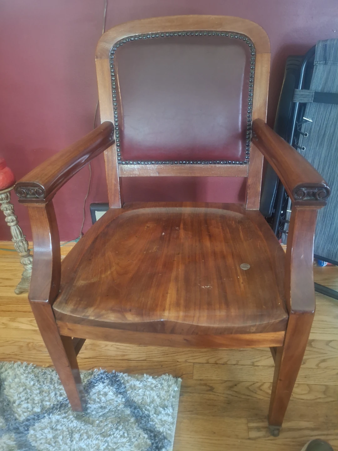 Antique Wooden Armchair with Red Upholstery