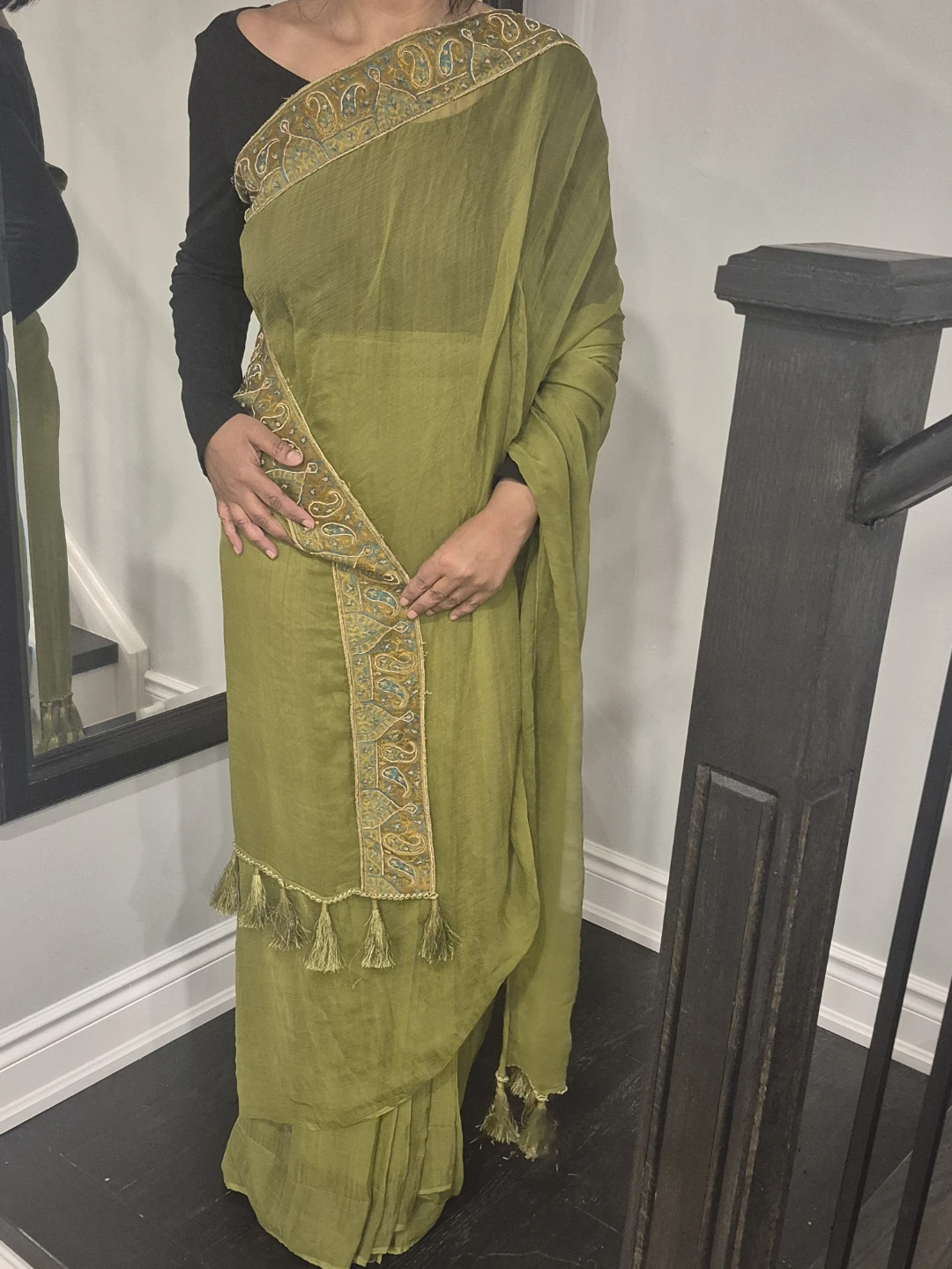 Paisley mehndi teal Print chiffon saree with Blouse