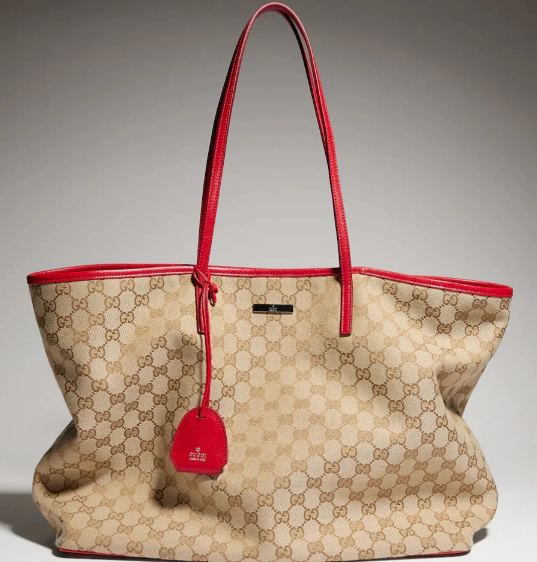 Gucci Monogram Tote Bag with Red Leather Trim