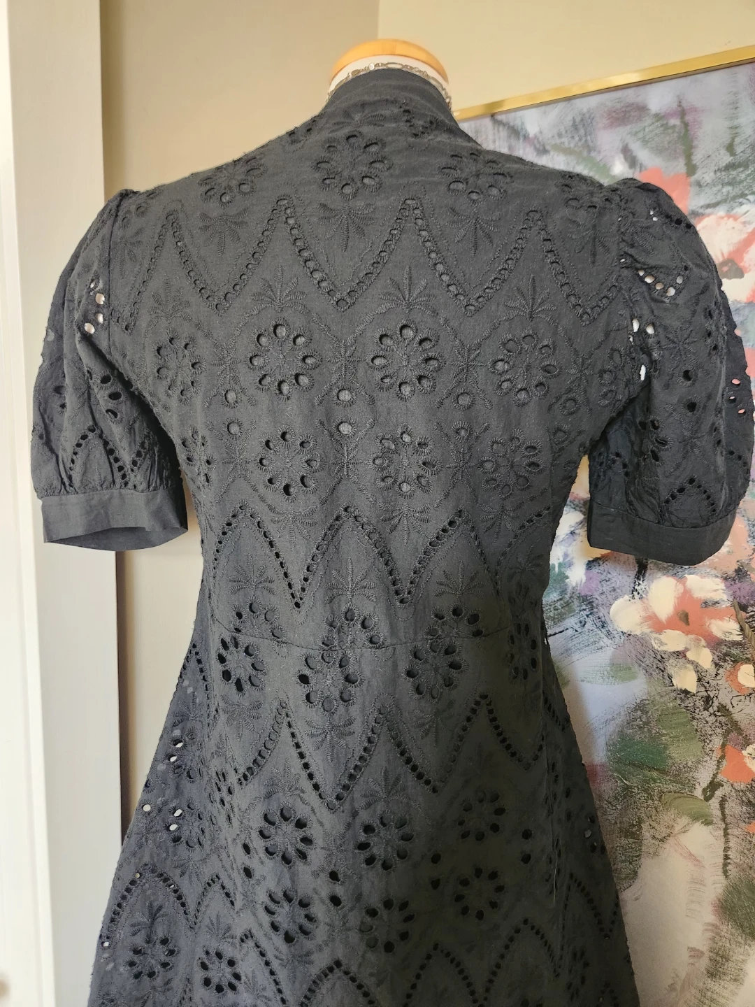 Black Eyelet Puff Sleeve Button-Up cotton Dress - photo 2