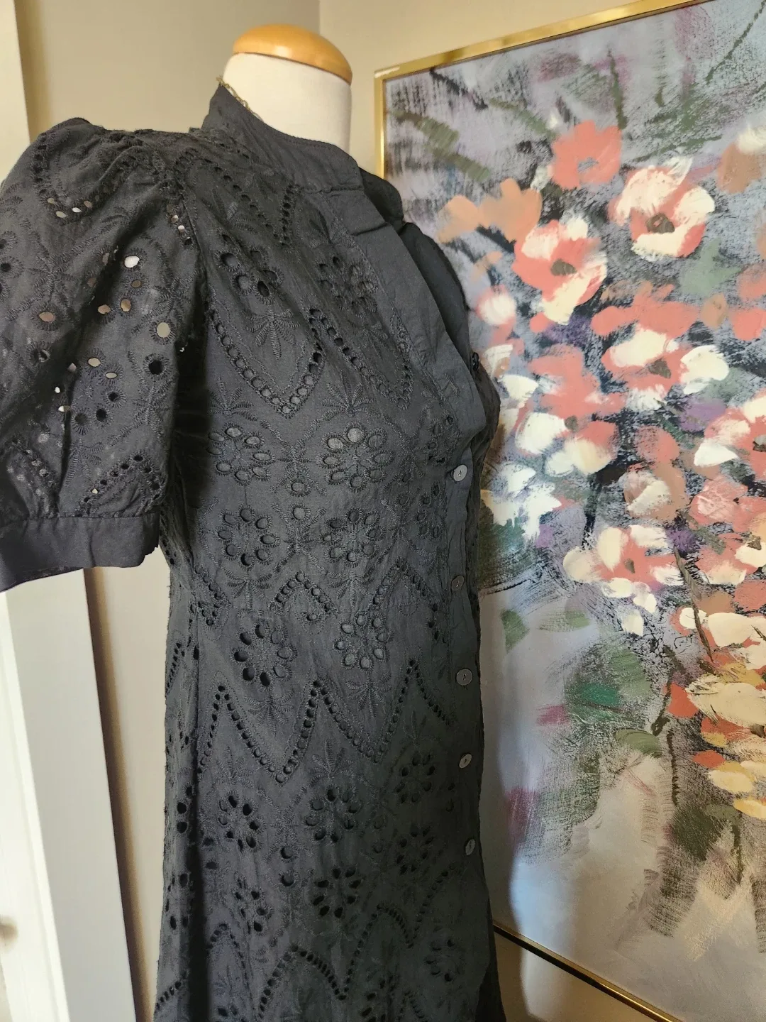 Black Eyelet Puff Sleeve Button-Up cotton Dress - photo 4
