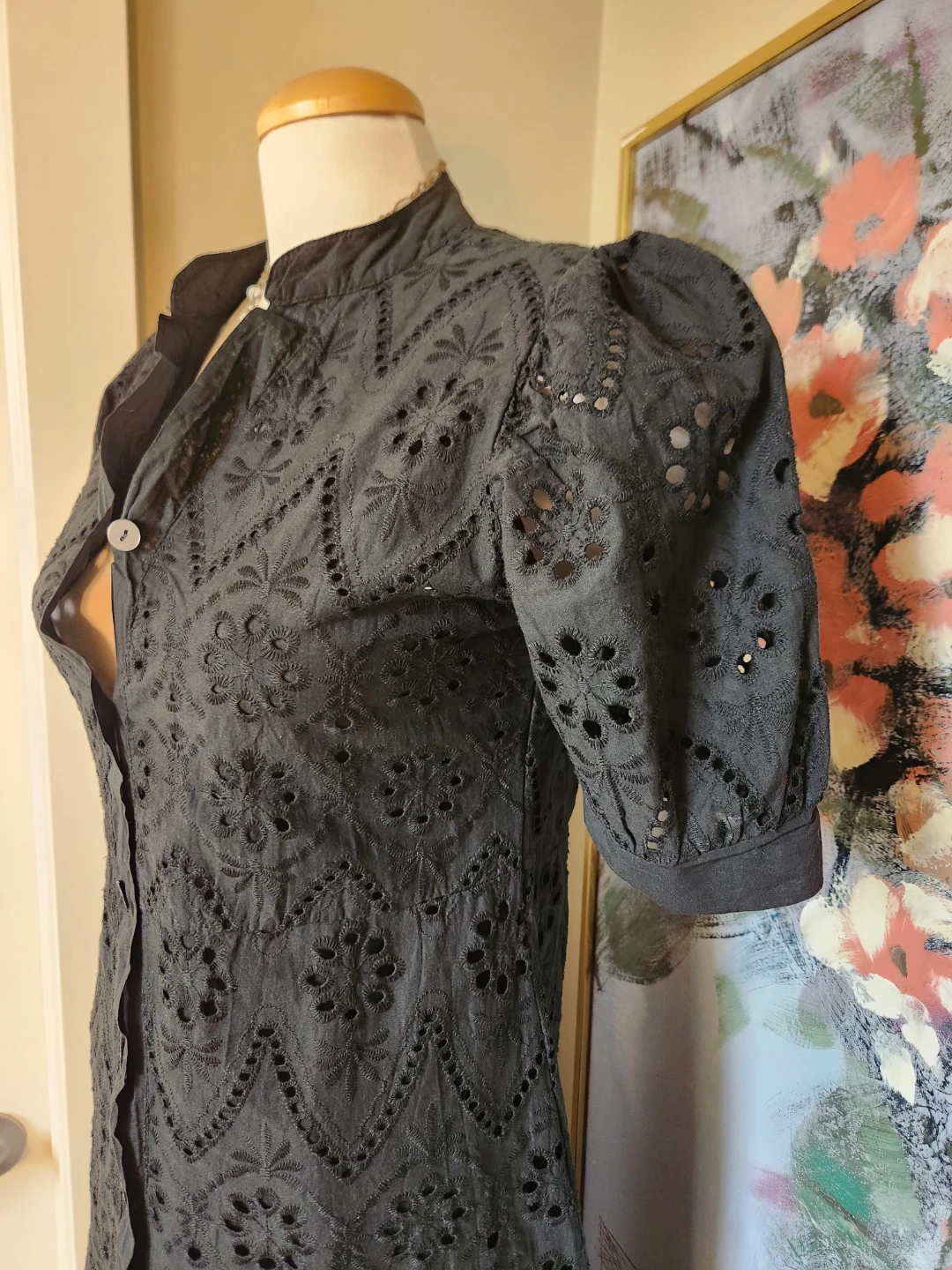 Black Eyelet Puff Sleeve Button-Up cotton Dress - photo 5