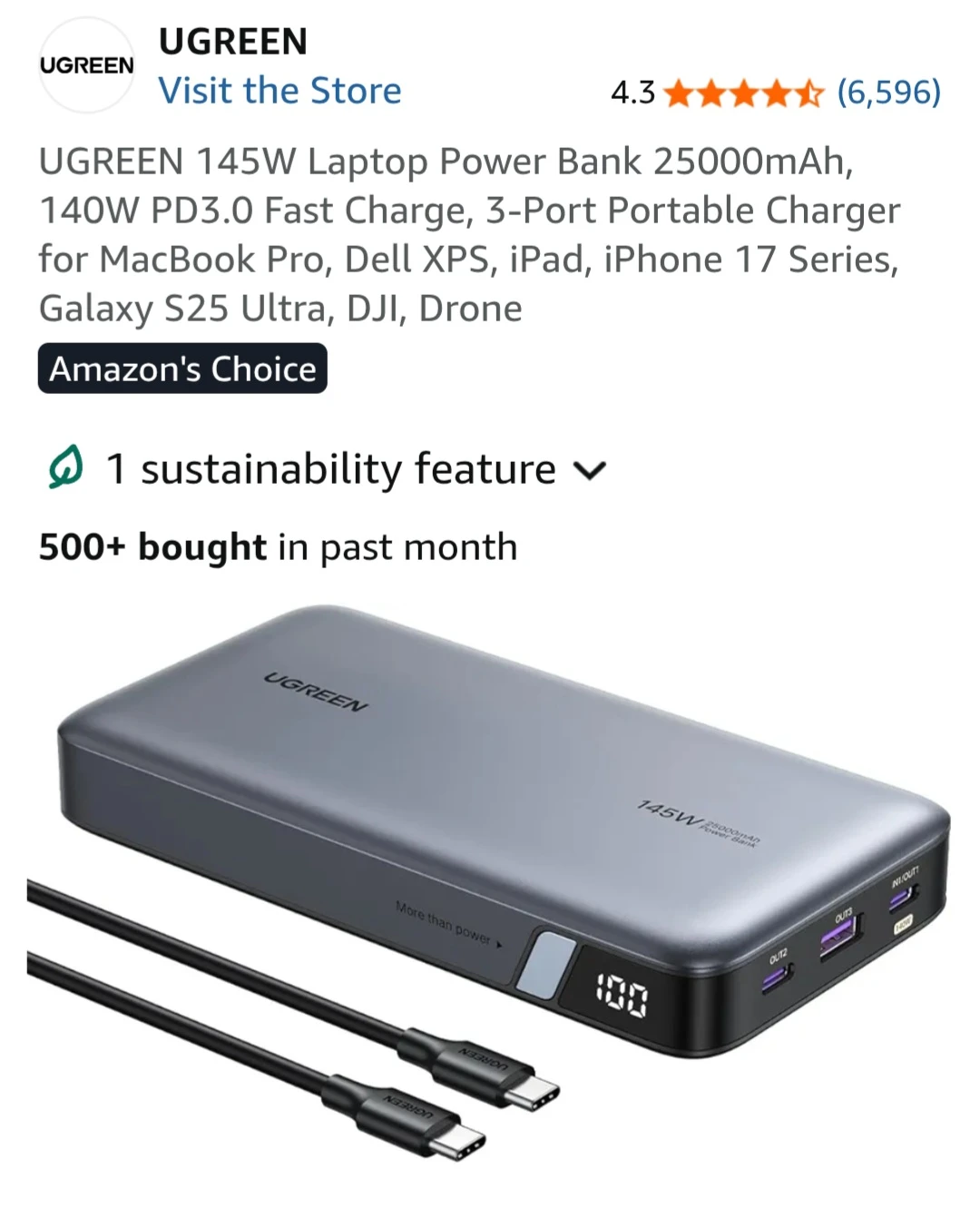 UGREEN 145W Laptop Power Bank 25000mAh
