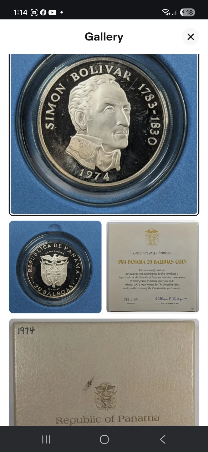 1974 Panama 20 Balboas Simon Bolivar Silver Proof Coin