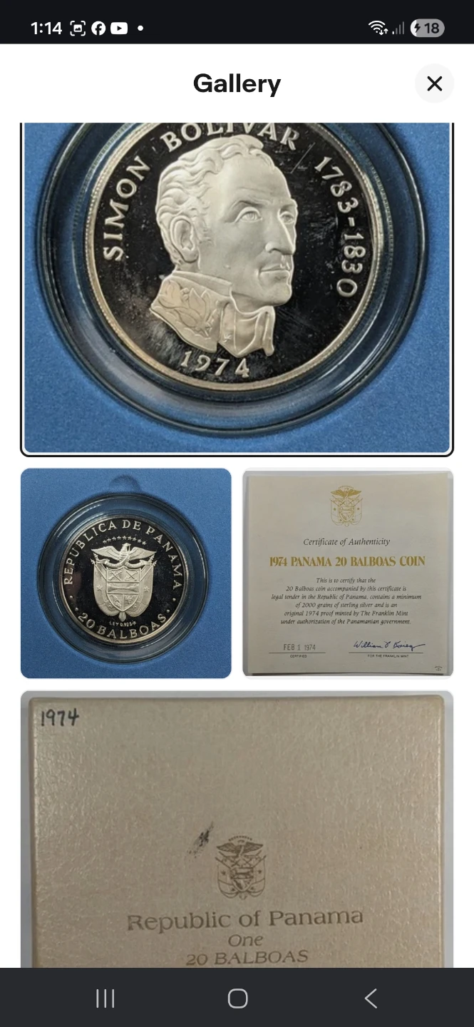 1974 Panama 20 Balboas Simon Bolivar Silver Proof Coin - photo 2
