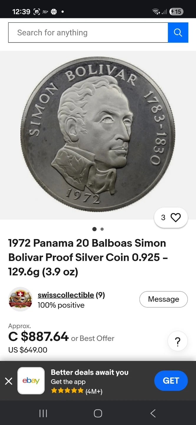 1974 Panama 20 Balboas Simon Bolivar Silver Proof Coin - photo 3