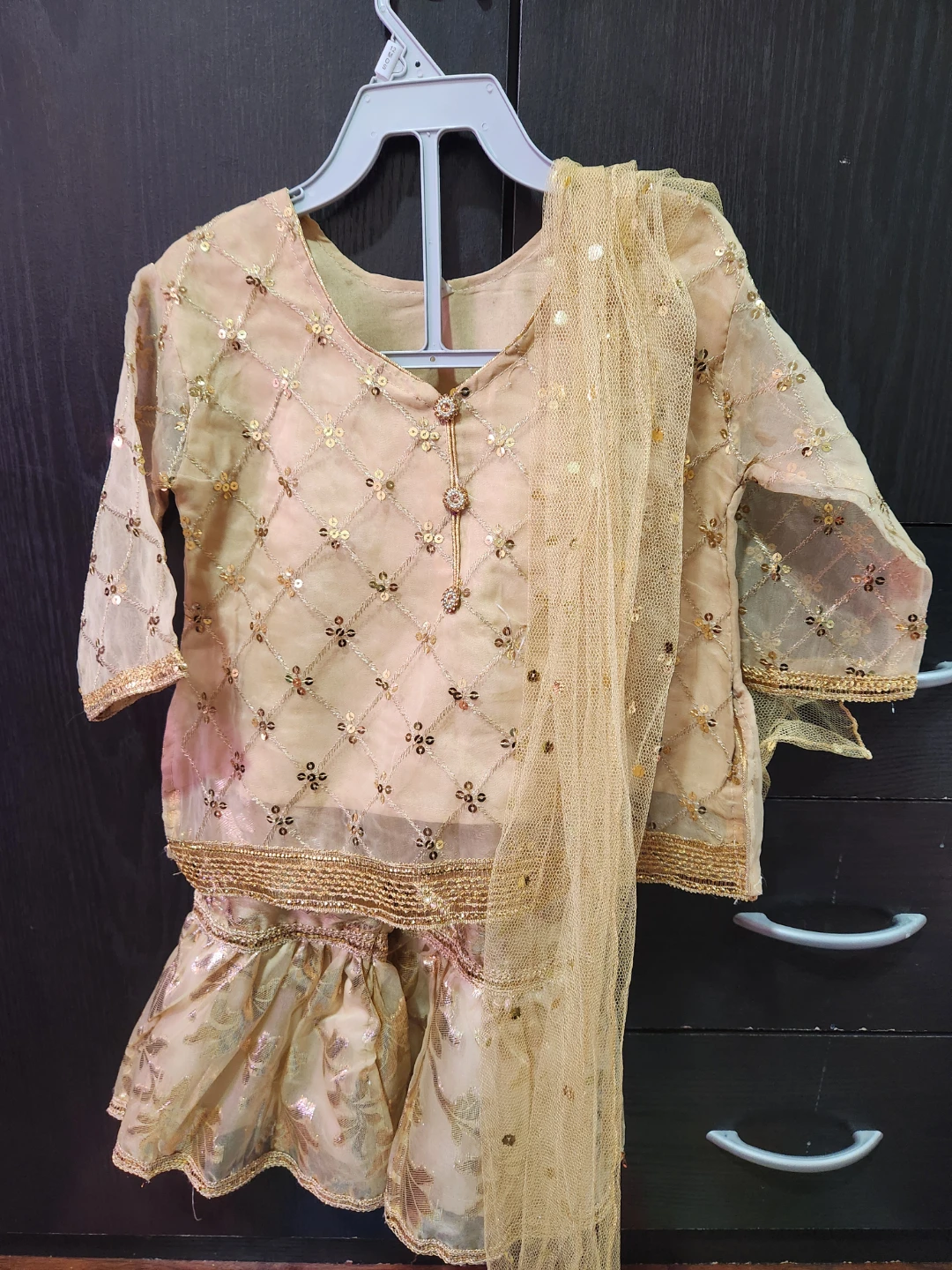 3 Piece Girls Embroidered Kurti Sharara Dupatta Set