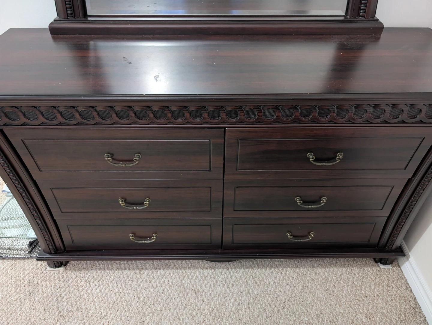 Dark Wood Bedroom Set - Dresser, Bed Frame & Nightstands