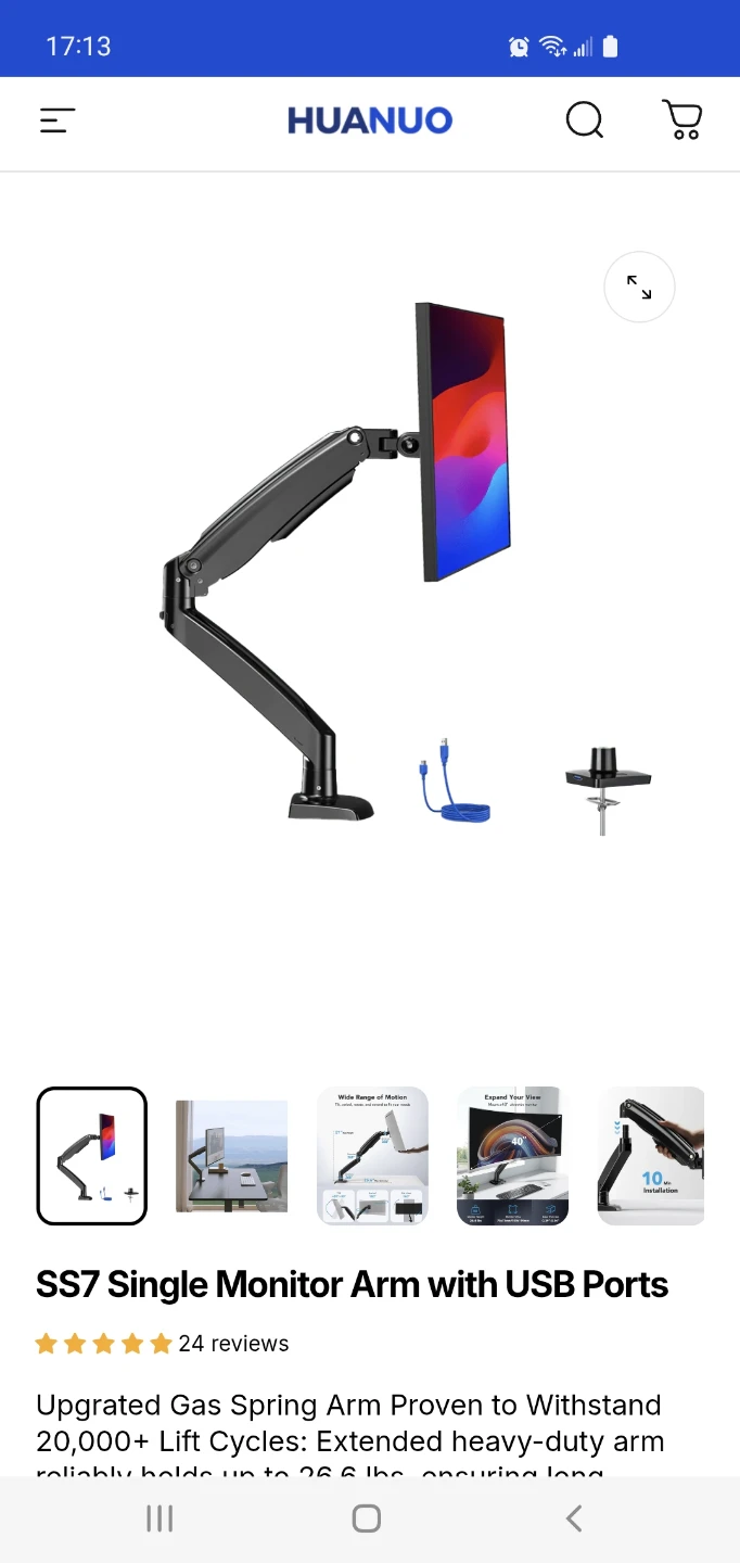 HUANUO SS7 Single Monitor Arm with USB Ports - Black