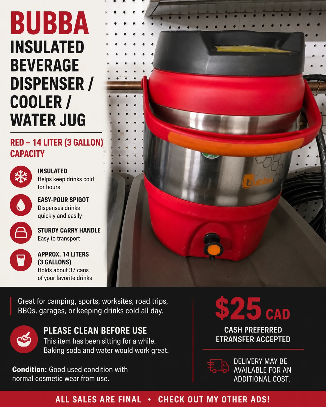 RED BUBBA 14L INSULATED BEVERAGE DISPENSER / WATER COOLER - photo 2