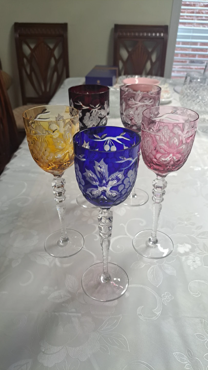 Set of 5 Coloured Crystal Wine Glasses