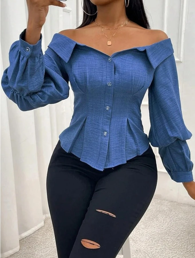 Women's Blue Off-the-Shoulder Puff Sleeve Blouse