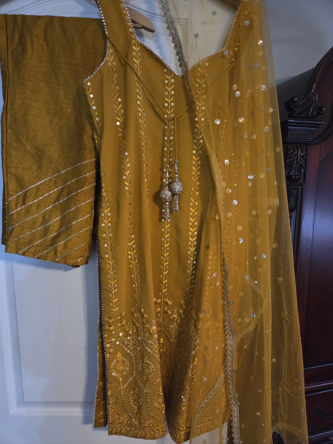 Yellow Embroidered suit, net Dupatta