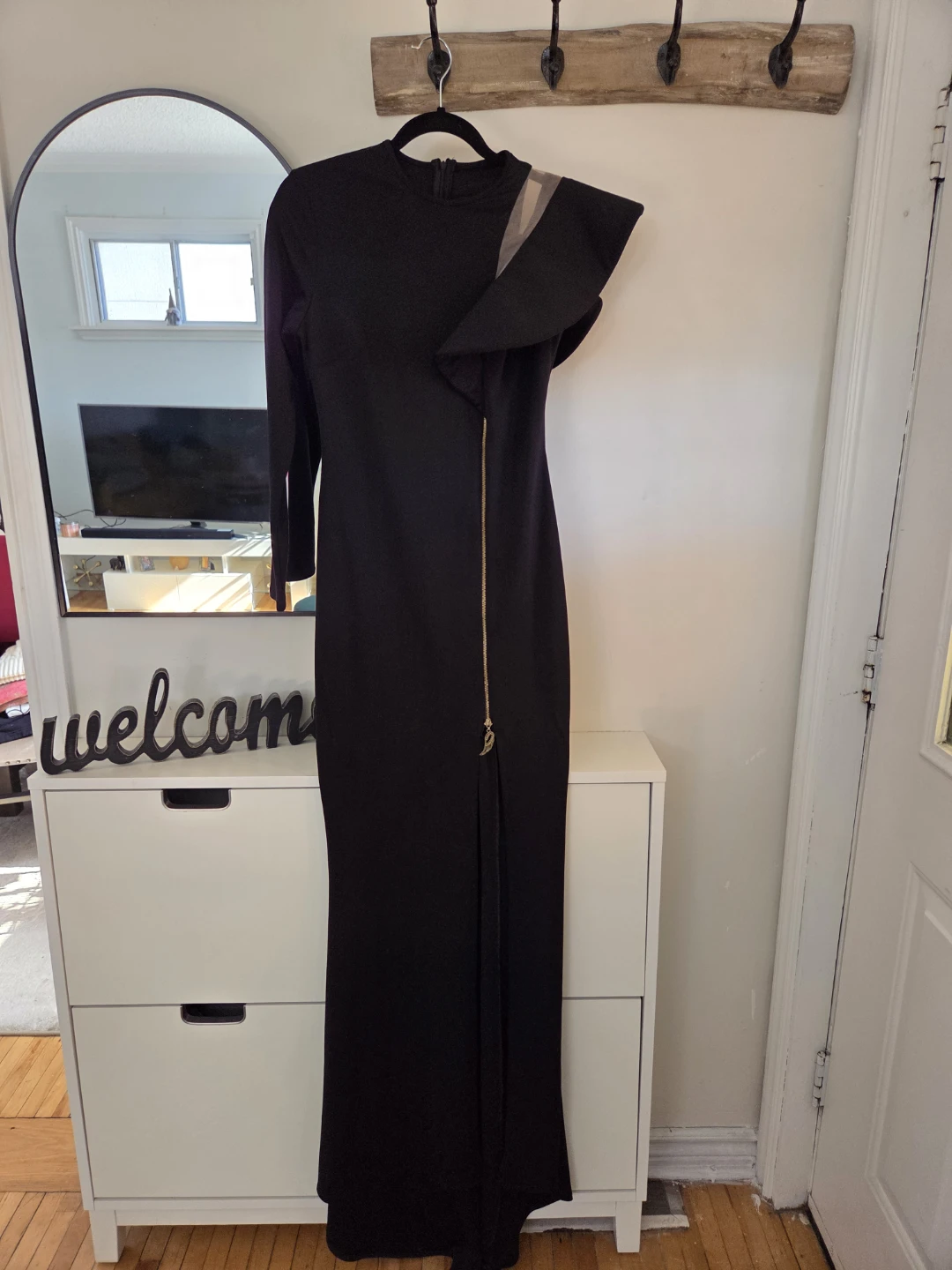 Black Maxi Dress with Gold Zipper and Slit