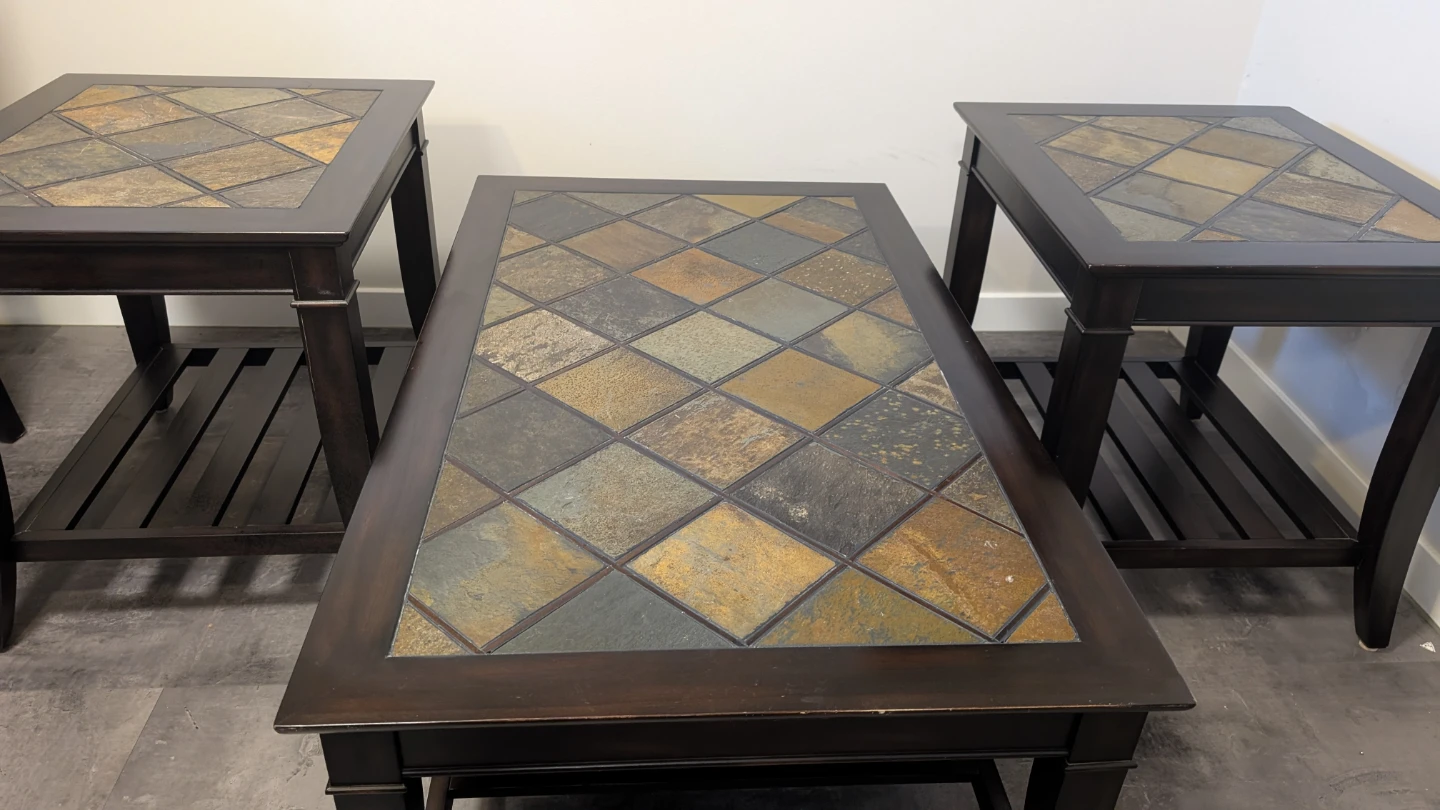 Set of 3 Dark Wood Side Tables with Tile Inlay - photo 2
