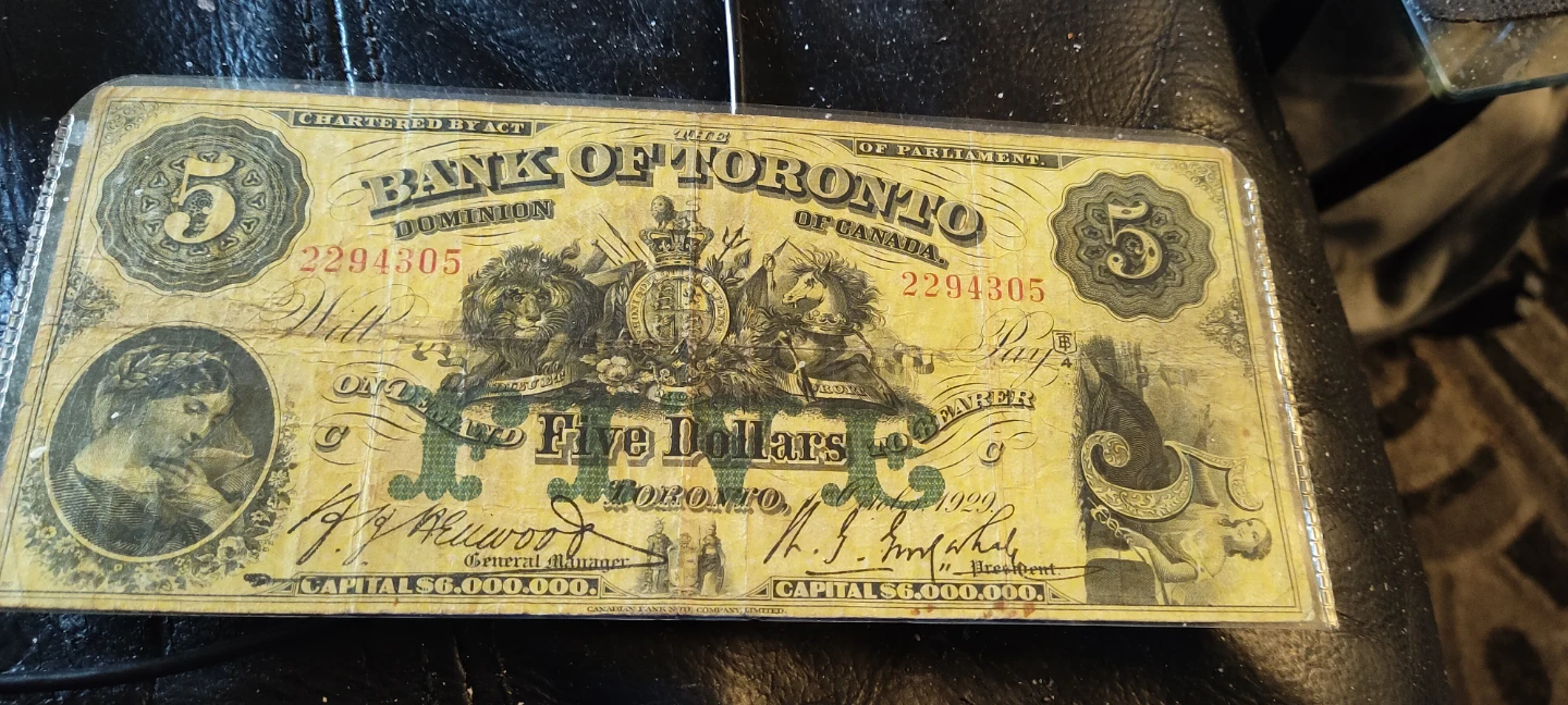 Bank of Toronto Five Dollars Bill