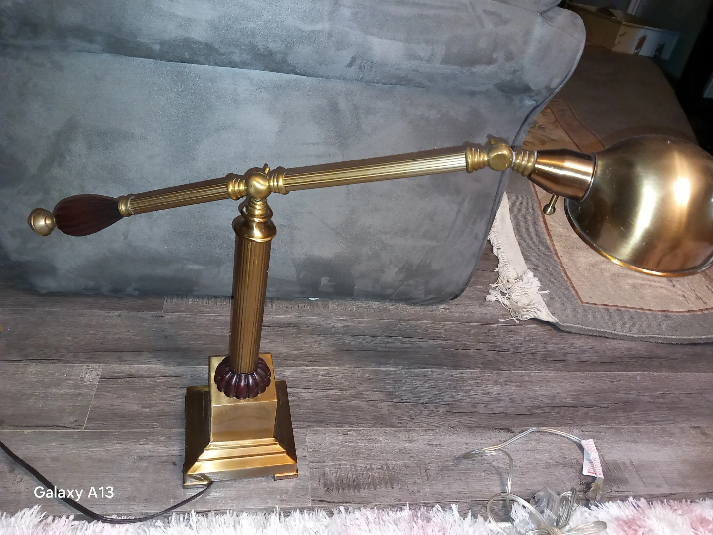 Brass Adjustable Desk Lamp with Dark Wood Accenta and - photo 3