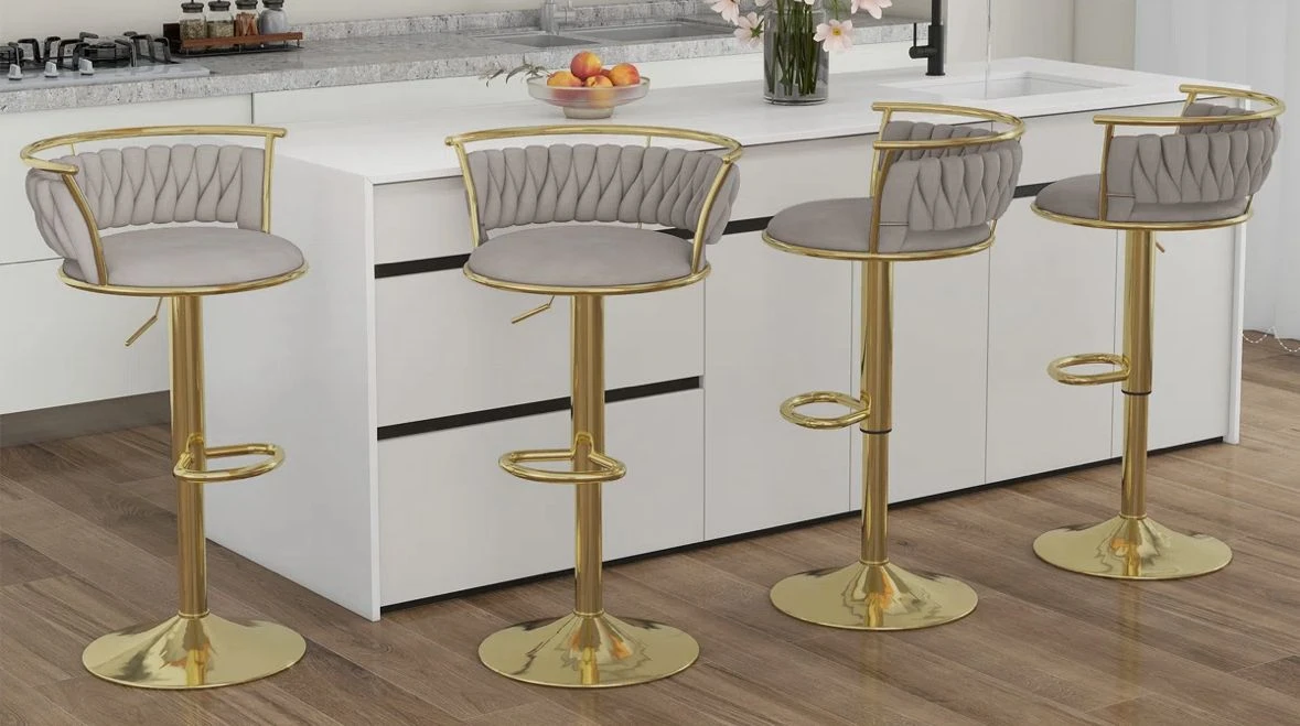 Grey Tufted Bar Stools with Gold Base (Set of 4)