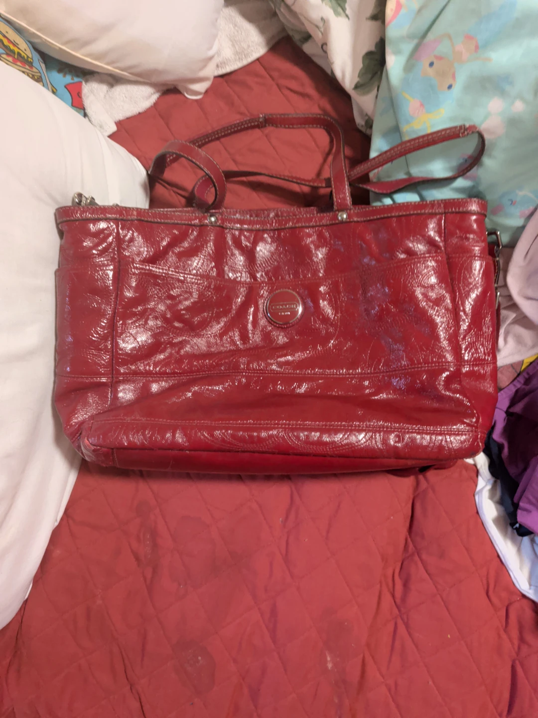 Red Coach Patent Leather Tote Bag