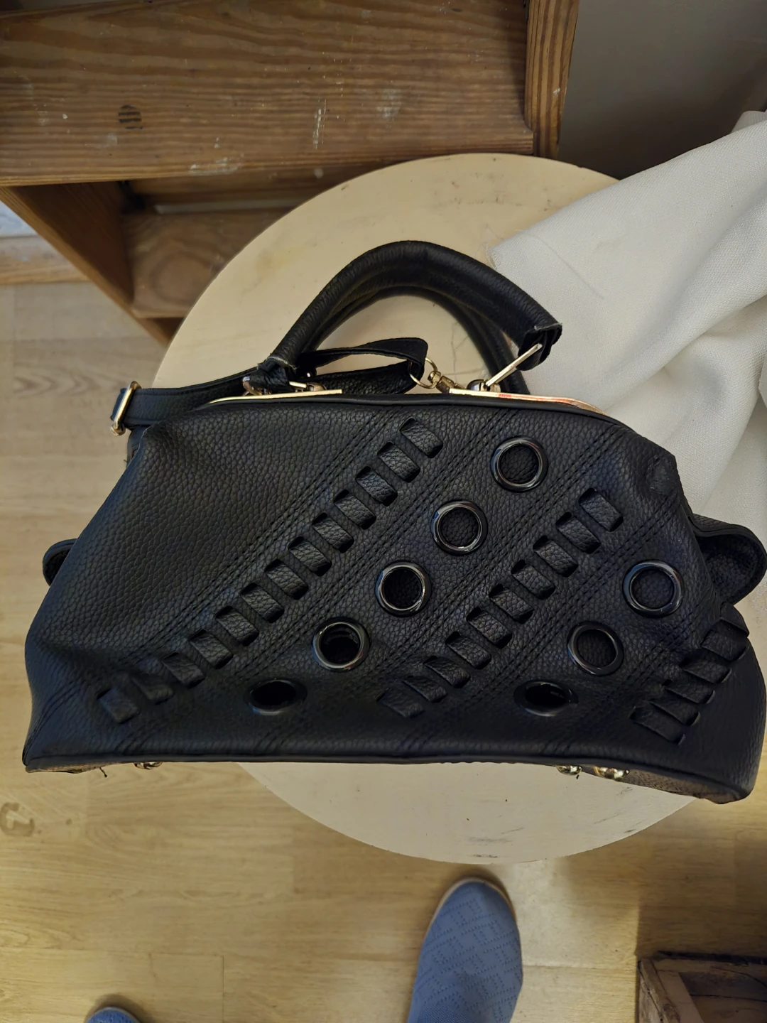 Black Faux Leather Satchel Bag with Grommets