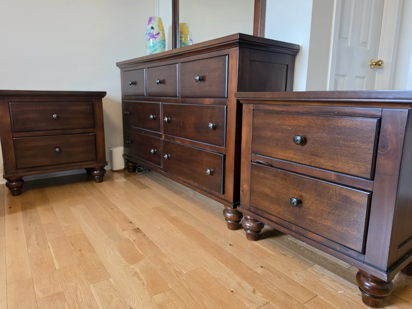 Dark Wood Dresser with Mirror and 2 Nightstands