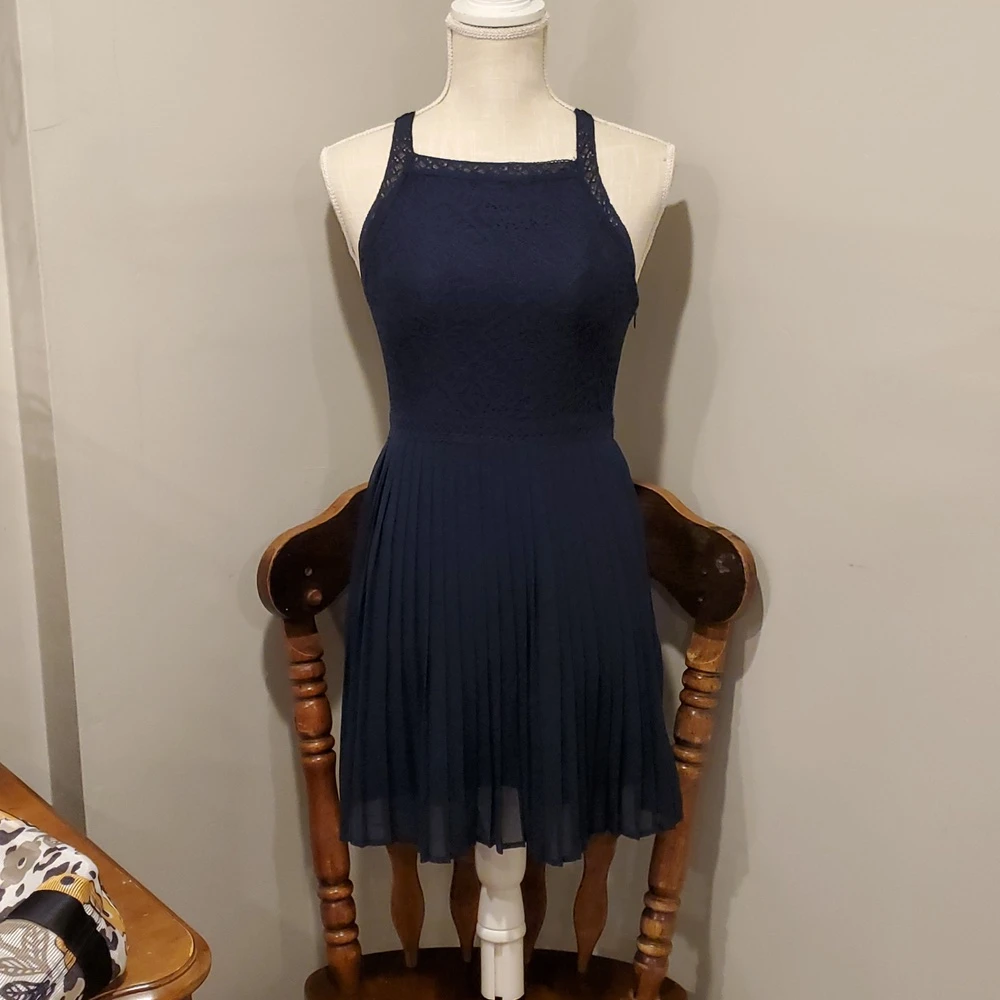 Hollister Navy Blue Lace Fit and Flare Dress L