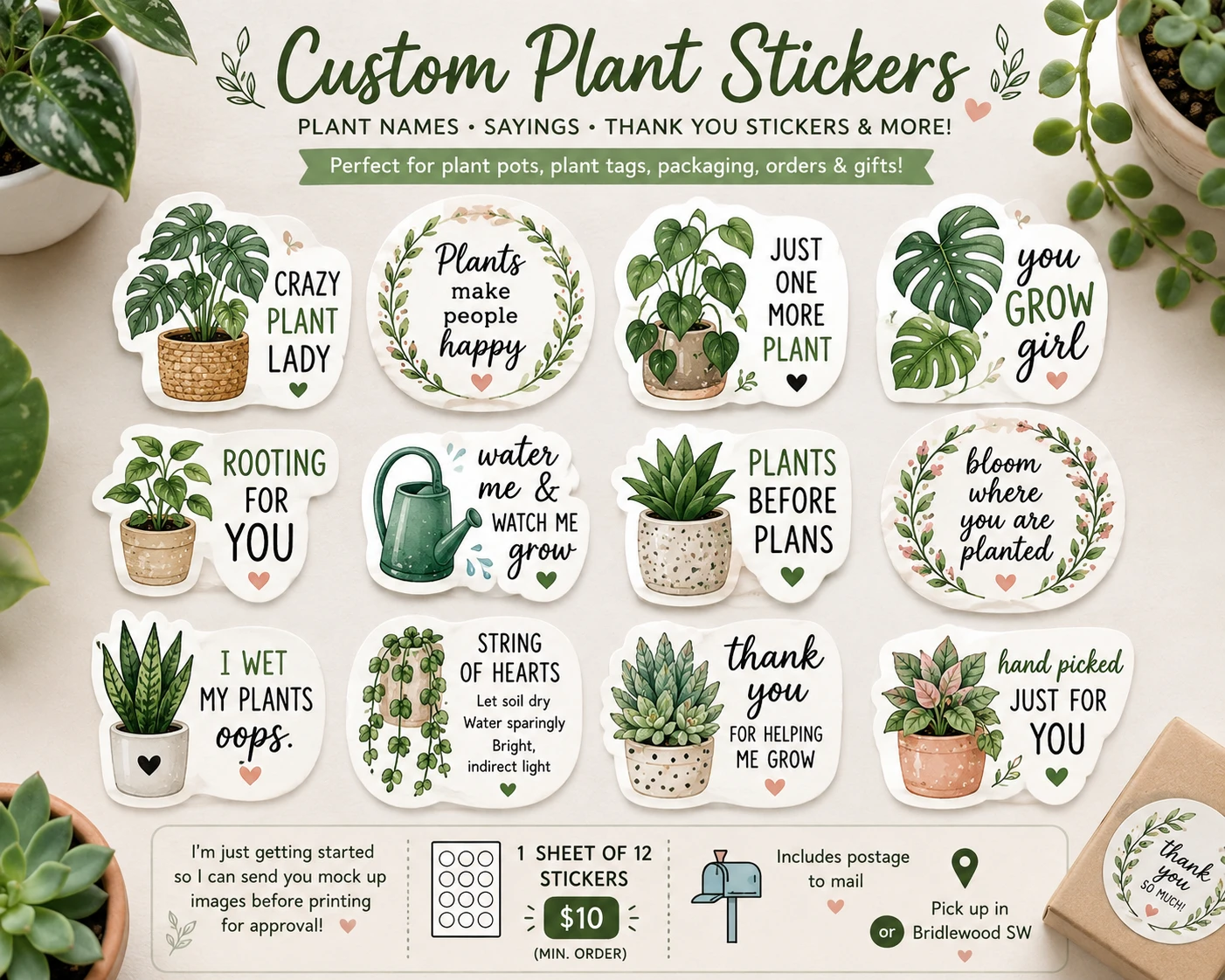Custom Plant Stickers - 1 Sheet of 12