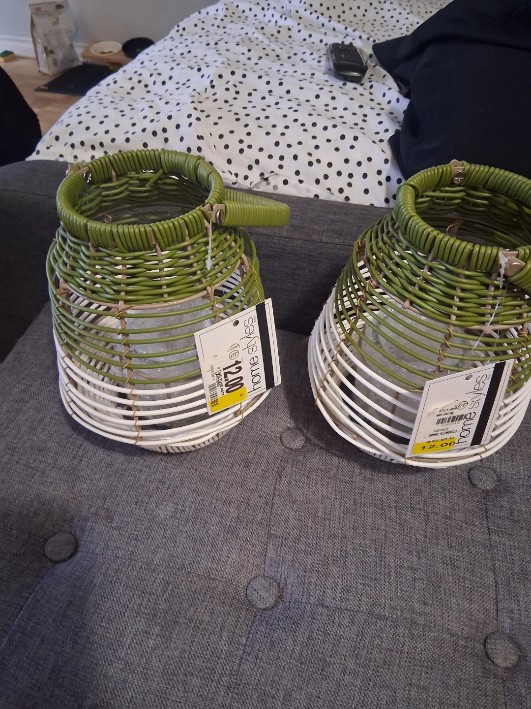 Set of 2 Home Styles Green and White Wicker Lantern Baskets