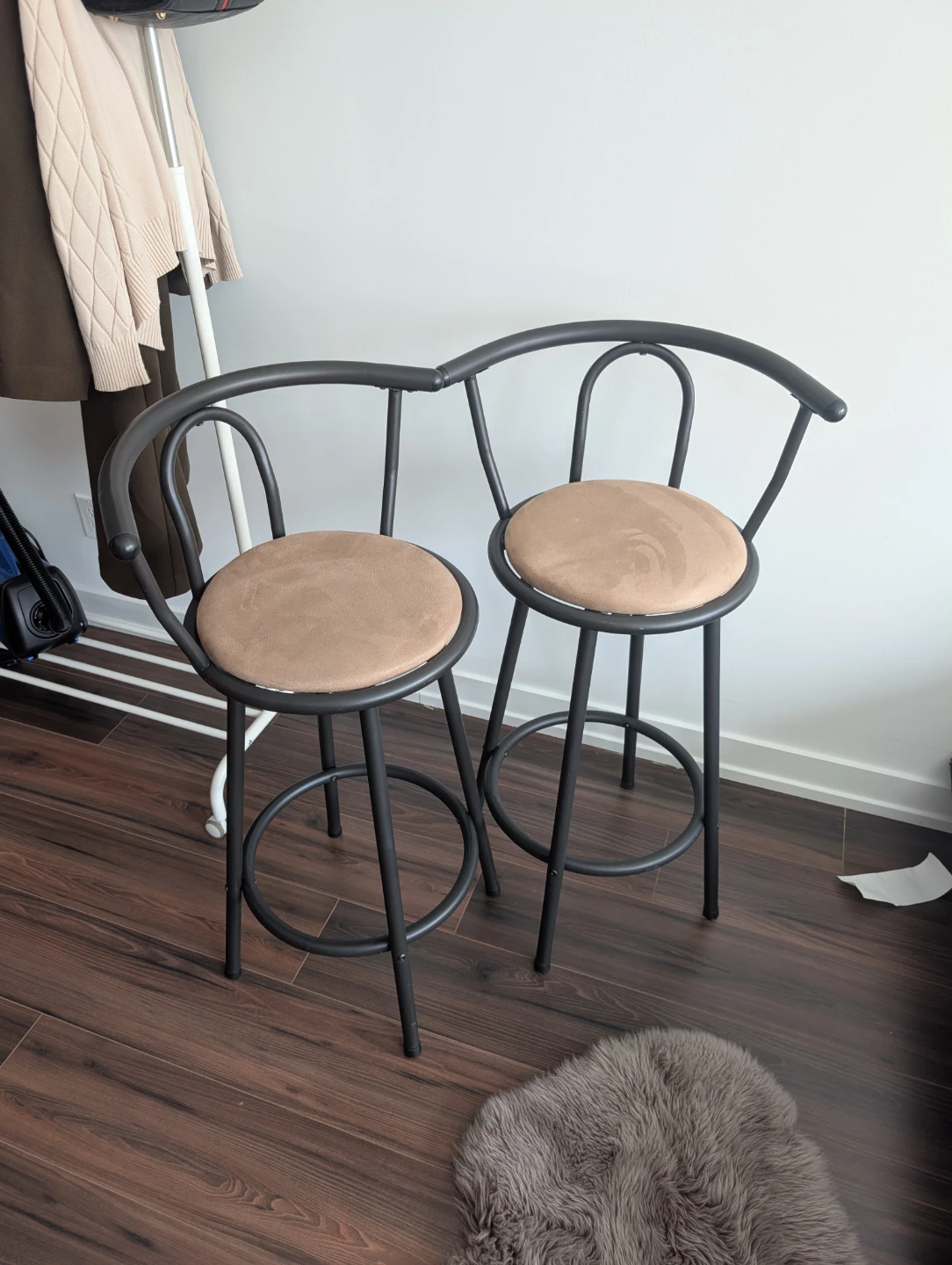 Black Metal Bar Stools with Tan Cushions