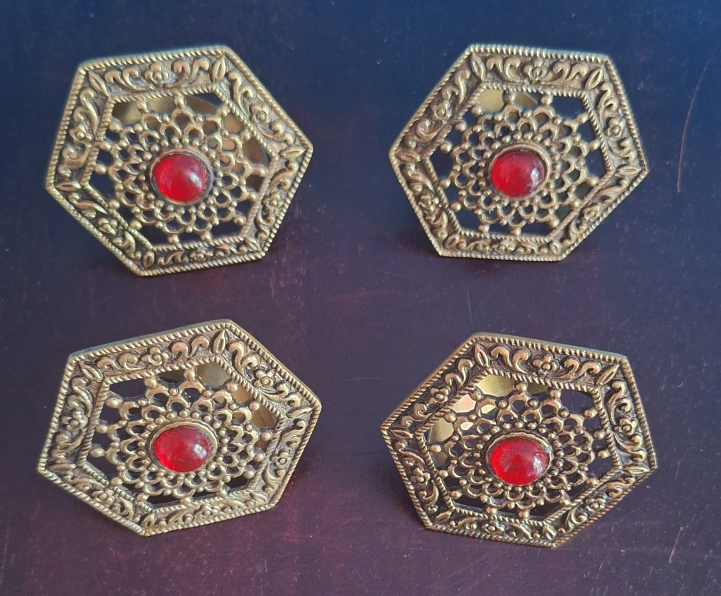 Set of 4 Vintage Brass Napkin Holders with Red Jewels